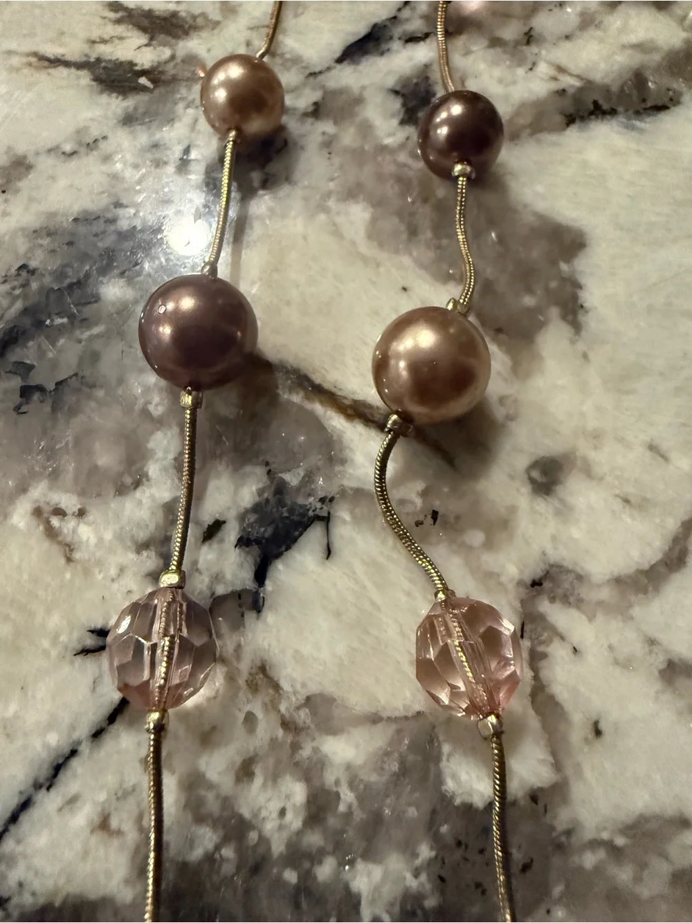Roman Gold Tone Faux Pearl Pink Glass Beaded Necklace Long 36”‎ signed RMN